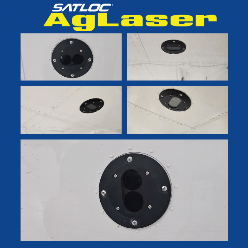 Multiple installation views of the Satloc AgLaser mounted under the wing of an agricultural aircraft, showing the sensor’s flush fit, rugged housing, and integration point for accurate altitude measurement in aerial application