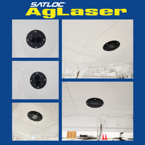 Satloc AgLaser installed on agricultural aircraft; close-up views of the AgLaser sensor mounted under the wing showing flush installation, durable housing, and multiple angles of the laser altimeter system used for accurate height measurement in ag aviation.